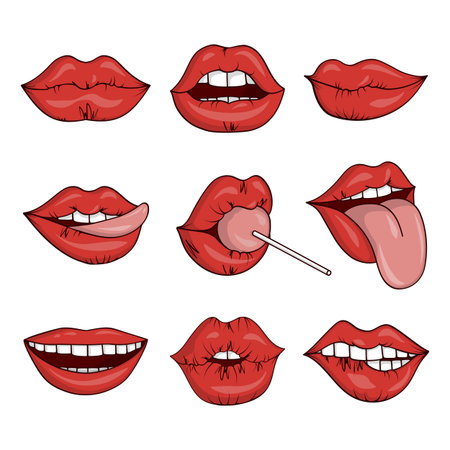 Sexy mouth lips. Woman smile with tongue, lick and with lollipop, hot female red gloss lipstick, beautiful love symbol. Cosmetic with shine teeth, glamour fashion makeup vector cartoon setのイラスト素材