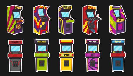 1980s game machines. Retro gamer screen. Abstract nineties. 1990s entertainment collection. Arcade electronic devices front and side view. Nostalgia leisure. Vector technology setのイラスト素材