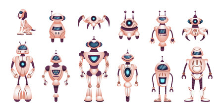 Robot toys. Funny android different characters, cute ai technology assistant, futuristic childish game. Humanoid, drone and other models. Modern friendly bot. Cartoon vector setのイラスト素材