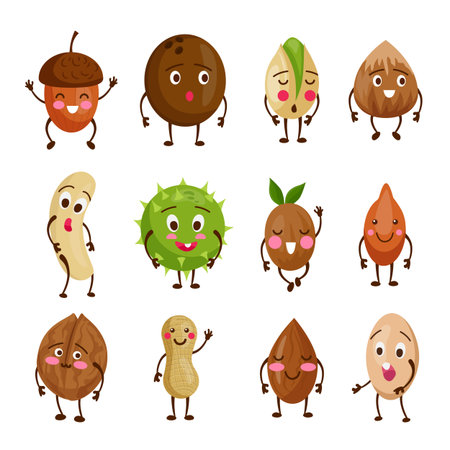 Nut characters. Beans with smiling faces and hands. Peanut and cashew seeds emotions. Nutrition food. Coconut and acorn. Funny healthy objects set. Almond and walnut. Vector cartoon drawingのイラスト素材