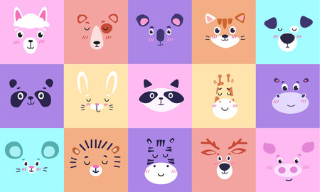Cute animal faces. Hand drawn rabbit and lion, art cat and monkey, simple square print, funny characters, doodle style graphic. Childish t-shirt or poster, nursery decor. Cartoon vector setのイラスト素材