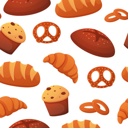Bakery pattern. Hand drawn sketch wheat bread, cartoon baking food for breakfast, kitchen pastry. Isolated on white seamless background. Decor textile, wrapping paper, packaging, vector printのイラスト素材