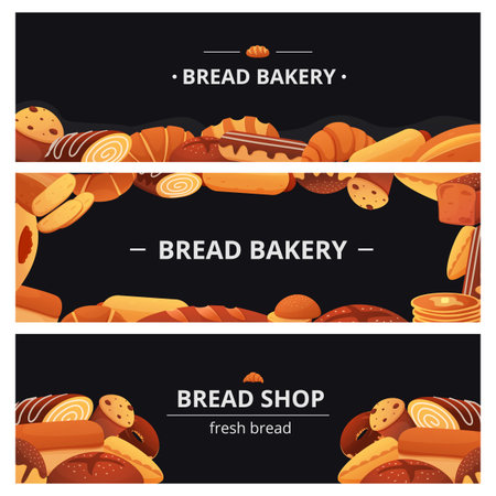 Bread bakery banner. Chalk blackboard for baker menu or shop with cake, bun and croissant, pie and roll, sketch food posters. Horizontal backdrop, cartoon frame vector illustration setのイラスト素材