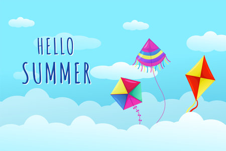Makar Sankranti kite. Indian festival day of flying toys. Sky with clouds. Happy Lohri and Gujarat. Pongal holiday. Creative celebration culture. Summer festival. Vector backgroundのイラスト素材