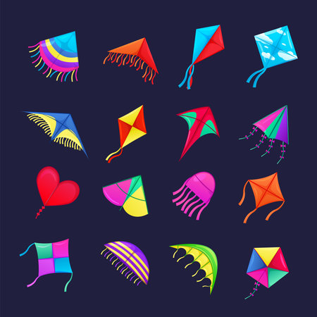 Flying kite. Kids outdoor game. Colorful toy on wind with tail and ribbon. Summer festival. Makar Sankranti holiday. Hovering paper shapes. Children leisure. Vector cartoon icons setのイラスト素材