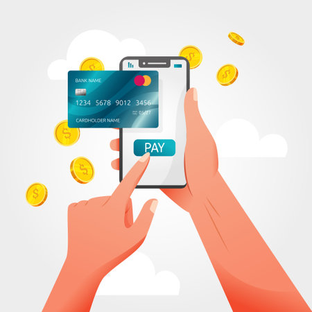 Hand with online phone credit card. Shopping by bank app. Money purchase ATM account. Fingers touch mobile screen button. Cashless payment. Finance transfer. Cartoon vector illustrationのイラスト素材