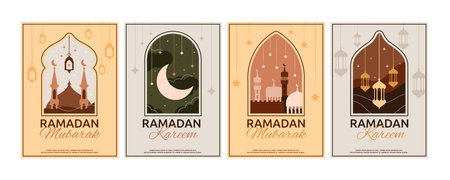 Ramadan posters. Eid mubarak moon frame pattern, minimal arabic modern card design with muslim lanterns. Night mosque with moon and Muslim crescent. Abstract vector background setのイラスト素材