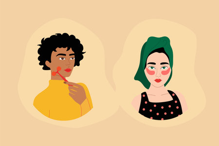 Makeup. Young women skin care morning routine, beauty procedures at home, beautiful girl in towel on head and patches under eyes, face massager, skincare devices, vector illustrationのイラスト素材