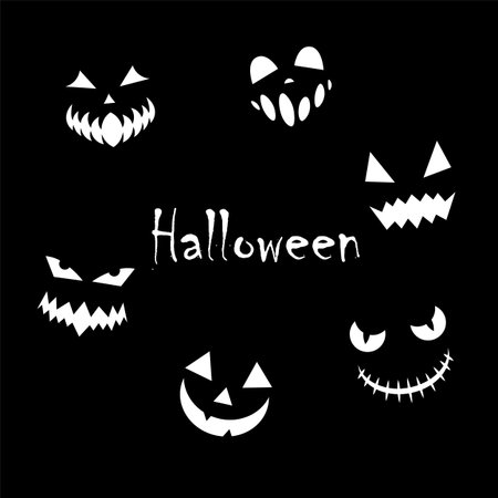 Jack face. Halloween card, white spooky scary faces with text on black background, evil eyes and mouth, autumn holiday decor elements, doodle style decorative objects, vector cartoon setのイラスト素材