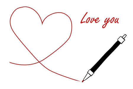 Doodle love. Hand drawn pencil or pen write red line in heart form. Abstract minimalist card, valentine romantic poster, simple scribble elements. Vector isolated on white illustrationのイラスト素材
