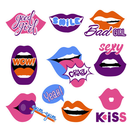 Girl lip and kiss. Sexy fashion mouth with fonts, 90s style stickers with phrases, woman with pink purple comic lips, bright colorful badges, hot makeup embroidery. Vector illustration setのイラスト素材