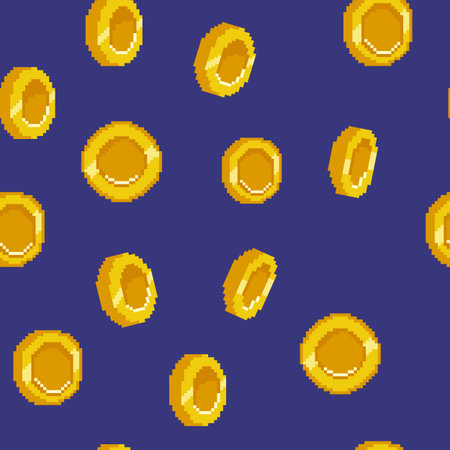 Game gold coin pattern. 8bit arcade pixel background. Abstract retro old icons. Falling golden cash money. Gaming asset. Metal tokens. Wealth and financial profit. Vector seamless printのイラスト素材