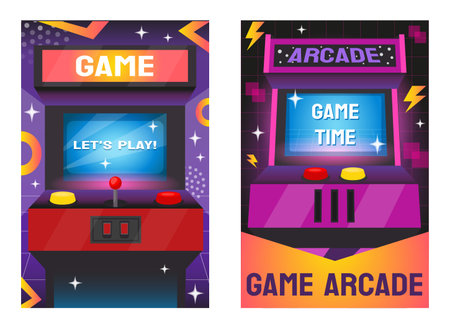 Arcade game machine background. Retro 80s console with pinball logo. 90s screen banner or flyer. Nostalgia leisure. Gaming electronic equipment set. Play device. Vector poster illustrationのイラスト素材