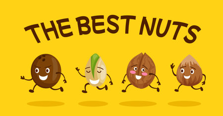 Funny nut characters. Animation snacks. Children comic caricatures with nutshell and seeds. Coconut or pistachio. Cartoon walnut and hazelnut. Happy faces. Vector illustration posterのイラスト素材