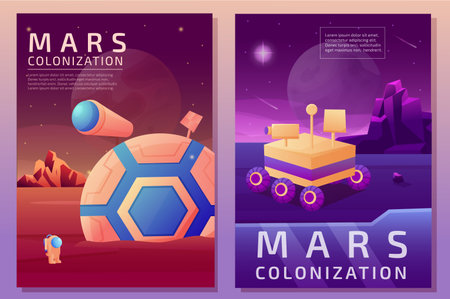 Galaxy flyers. Space Mars infographic for future Martian mission. Rocket and astronauts. Planets colonization. Cosmos universe exploration. Cosmic station. Vector poster templates setのイラスト素材