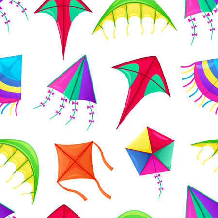 Kite seamless pattern. Young kids abstract background with fun balloons and paper summer flying toys. Colorful childish texture. Cartoon elements. Decor textile, wrapping paper, vector printのイラスト素材