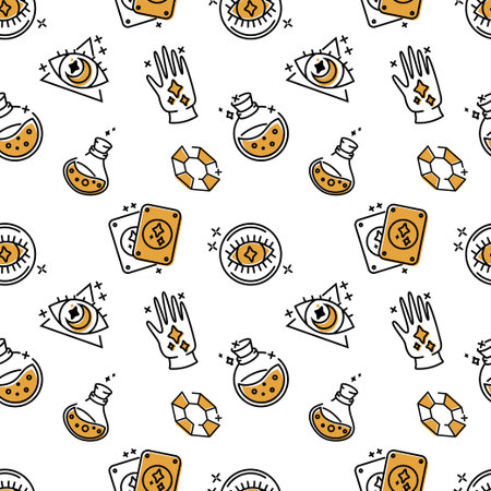 Magic pattern. Magician logo for witch or wizard. Fantasy carnival or birthday symbols. Enchantments hand. Oracle prediction ball. Potion bottle. Tarot cards. Vector seamless backgroundのイラスト素材