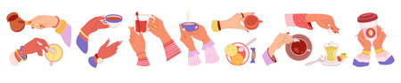 Hand with tea cup set. Cartoon trendy glass mugs with green or black pouring, hot matcha, teacups with beverages. Girls with drinks, cute tableware, elegant vector illustrationのイラスト素材
