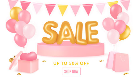 3D sale banner. Discount advertising. Special offer gift. Shop bags and purchase box. Promotion podium with balloons. Online anniversary shopping with confetti. Vector design backgroundのイラスト素材