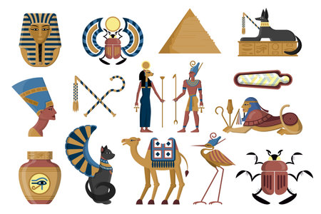 Egyptian symbols. Ancient Egypt. God and pharaoh with scepters. Cleopatra sculpture. Pyramid temple. Sphinx statue. Mythology animals. Mummy in sarcophagus. Vector illustration setのイラスト素材