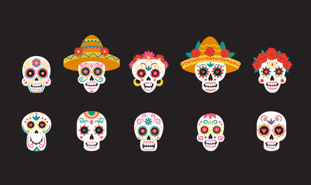 Mexico Dead Day. Catrina death skull. Halloween Calavera flower hat. Dia Muertos party. Mexican or Latin holiday symbols set. Heads with sombrero or wreath. Vector background designのイラスト素材