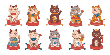 Japanese fortune cat. Maneki neko with money and lucky talismans. Rich kitty in funny collar with bell. Animal toys set. Traditional culture character. Vector cartoon folklore kittensのイラスト素材
