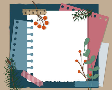Scrapbook collage paper frame. Retro ig album page with leaves and Rowan berries. Winter craft flower story. Notepad empty sheets. Holiday bouquet. Plant elements. Vector illustrationのイラスト素材