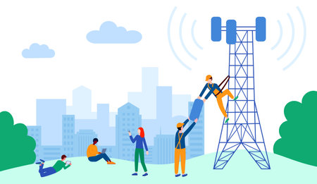 5G tower signal. Mobile communication internet and wifi. Computer and phone connection. Workers building telecommunication equipment. Wireless network users. Vector cartoon illustrationのイラスト素材