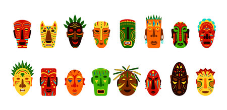 African carnival masks. Hawaiian ethnic faces. Aztec or Africa animal heads. Bird and human idols. Indigenous tribal totem. Aborigine accessories set. Vector illustration collectionのイラスト素材