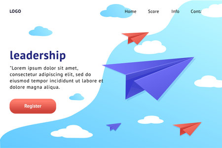 Leadership airplane landing page. Website interface template. Paper origami email message flight. People success. Innovation vision way. Flying plane in sky. Vector illustration layoutのイラスト素材