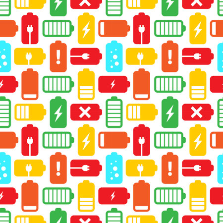 Battery pattern. Power charge texture with plus and minus accumulator. Electric power indicator. Decor textile, wrapping paper, wallpaper design. Print or fabric Vector seamless backgroundのイラスト素材