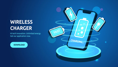 Charge power. Mobile recharging. Wireless charger technology background. Battery icons. Cordless charging. Low energy or full accumulator. Green electricity concept. Vector web bannerのイラスト素材