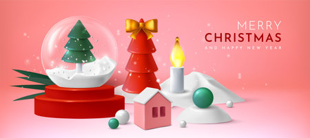 Merry Xmas snow background. 3D New Year globe with fir tree. Christmas celebration. Glass ball and candle. Plastic house. Spruce decoration toys. Holiday snowball. Vector realistic bannerのイラスト素材