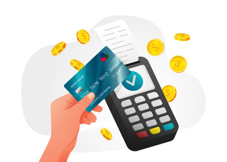 Credit card payment. Hand paying by contactless terminal machine. Digital emblem receipt. Secure commerce by chip. Gold coins. Financial invoice. Wireless device. Vector illustrationのイラスト素材