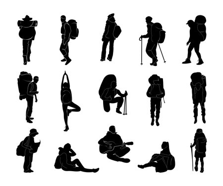 Hiker silhouettes. Man and woman hike with trekking backpacks. Travel family in adventure with sticks. Black body figures. Tourists poses. Standing or sitting people. Vector icons setのイラスト素材