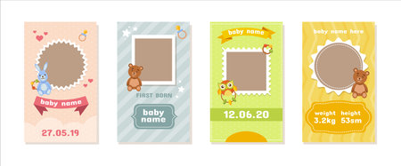 Birthday baby post frame. Toddlers name and photo border. Kids card with blank shape. Announcement of celebration. Birth date. Newborn child postcards set. Vector background templateのイラスト素材