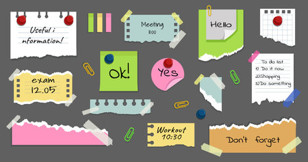 Paper memo stickers. Sticky note pad banner, board with pin and stationery clips, office stick notice, clip reminder. To do and notice list, reminders with torn edge vector isolated designのイラスト素材