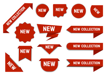 Label tags and ribbons. Price stickers for banner corner. New sale red icon design. Discount promotion symbol. Round badge and bookmark bright shapes. Vector store product marks setのイラスト素材