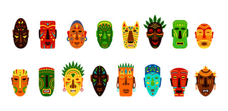 Africa tribe ethnic masks. African aborigine tiki tribal face, zulu human drawing, colorful ritual shapes. Colorful accessories, cartoon flat elements. Vector idols illustration setのイラスト素材