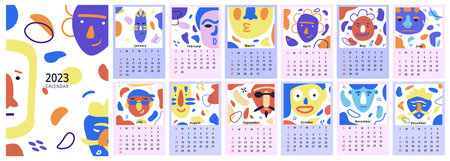 2023 abstract face calendar. Art and funny beauty shapes with days and weeks, fashion concept with female and male doodle characters posters. Starts on Sunday. Vector background templateのイラスト素材