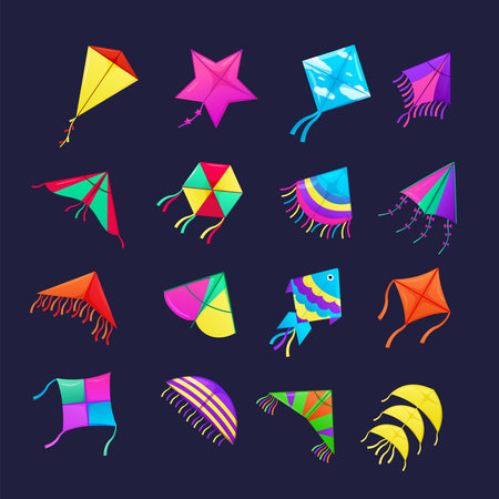 Festival kite. Colorful cartoon elements. Summer outdoors kids game, soaring fun toy with tails fly in sky. Makar Sankranti holiday. Freedom symbol. Graphic vector isolated illustrationのイラスト素材