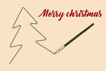 Merry Christmas greeting card. Fir tree ink pen drawing. Winter holiday celebration. Doodle spruce. Coniferous plant. Xmas congratulation. Calligraphy lettering. Vector retro postcardのイラスト素材