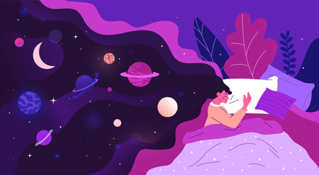 Abstract deep dream. Woman sleeps. Person in night cloud. Art space. Happy emotion. Magic scene. Hair with galaxy planets. Flat design elements. Girl lying on bed. Vector nighttime restのイラスト素材