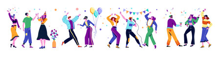 People dance party. Friend birthday, group of person characters, hipster human and simple woman, happy singer man. Bright decor balloons and ribbons, horizontal banner. Vector cartoon flat setのイラスト素材