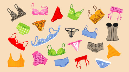 Lace underwear lingerie. Bra and thong. Elegance intimate clothing. Girl accessory like underpants or bikini. Glamour brassiere and panties. Sexy corset. Vector illustration collectionのイラスト素材