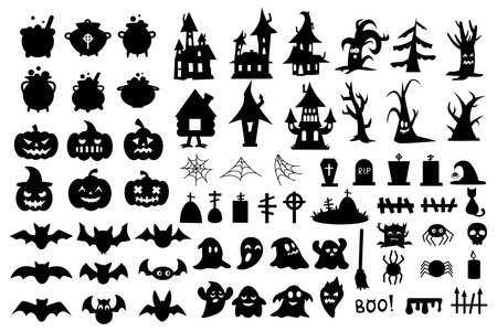 Halloween silhouette set. Ghost bat, black spooky web, wizard houses. Scary tombstone and grave fence, witch cauldron. Fear party celebration decor, horror objects. Vector illustration iconのイラスト素材