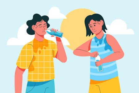Sweat persons drink water on heat. Thirsty sport boy and girl with refreshing beverage bottles. Hot summer. Tired man and woman. Body hydration. Cooling liquid. Vector illustrationのイラスト素材