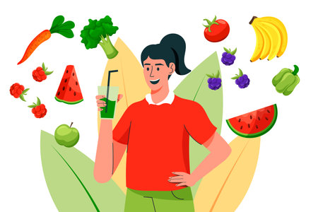 Vegan food. Healthy lifestyle. Detox diet. Nutrition vitamins. Health care. Green juice. Vegetable cocktail. Fruit in glass. Happy woman drinking smoothie. Vector concept illustrationのイラスト素材