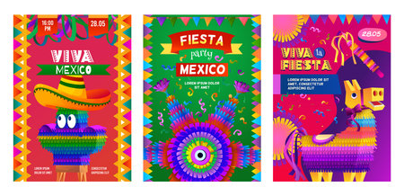 Mexico party flyers. Cinco invitations. Mexican horse pinata and colorful confetti. Latin holiday posters set. Traditional Mayo carnival. Fiesta celebration. Vector design templateのイラスト素材