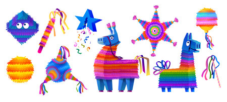 Funny Mexican horse pinata. Blue donkey with heart. Toys for Mexico holiday or birthday carnival. Paper figures. Confetti and ribbons. Striped colorful pony. Vector illustration setのイラスト素材